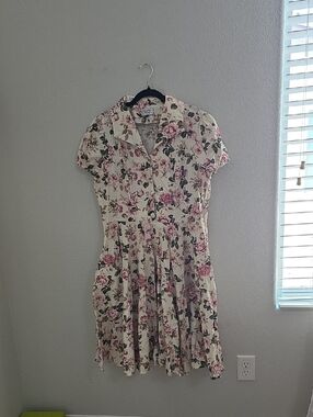 Cream Midi Dress with Pink Floral Print and Collared V-Neck